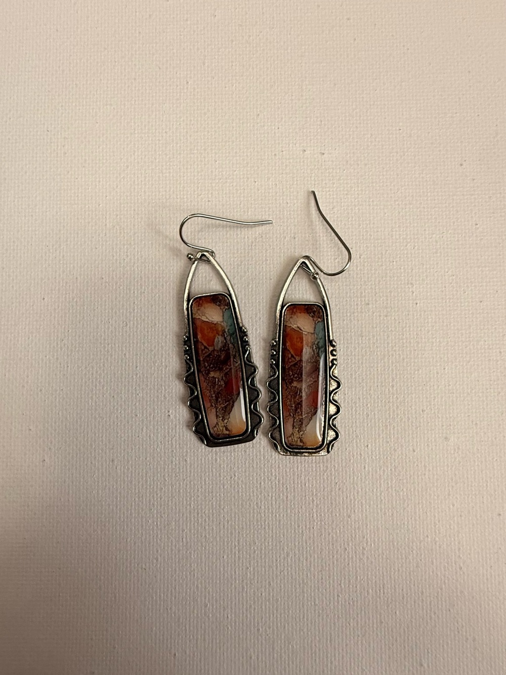 Silver Orange Jasper Drop Earrings with Wavy Frame